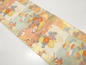 アンティーク　花車に鴛鴦・荒波模様織り出し袋帯（材料）